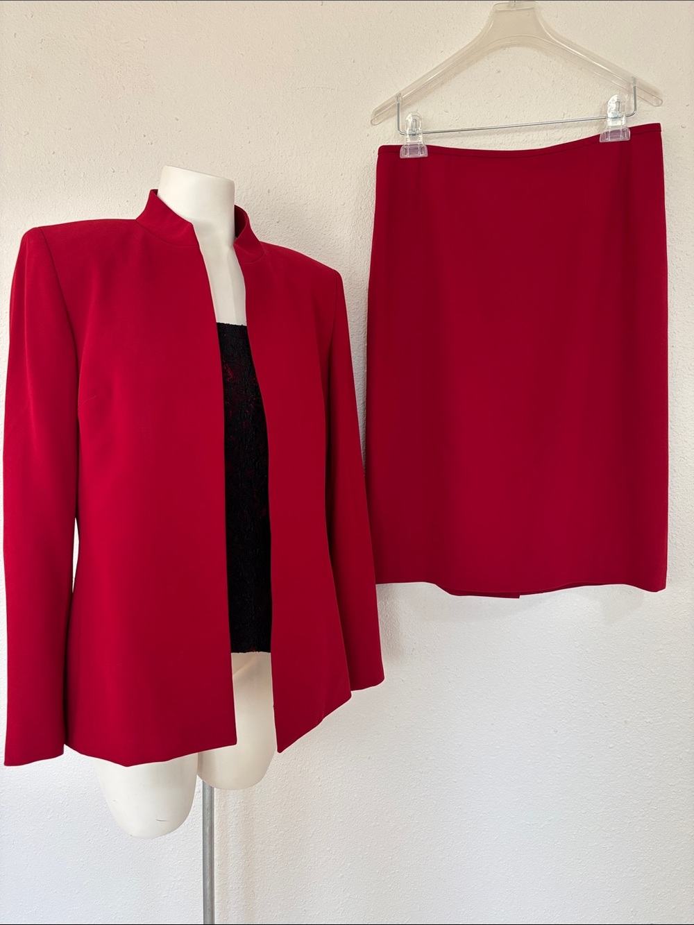 3 Pc Kasper Red Open-Front Blazer Fitted Tank and Matching Skirt Set
